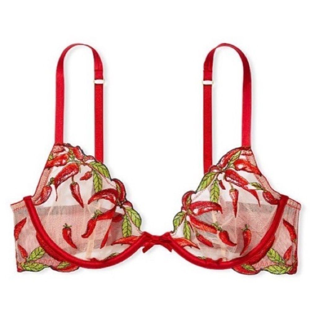 Victoria’s Secret Very Sexy Sheer Mesh unlined Chili Pepper Embroidery Demi bra